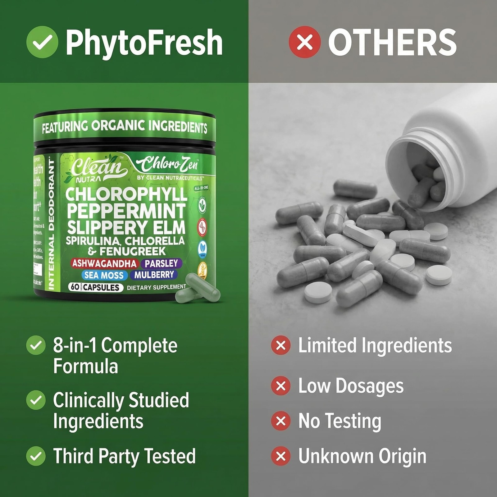 Clean Nutra ChloroZen Chlorophyll Peppermint + Spirulina 60 Caps Veg Exp 05/2028