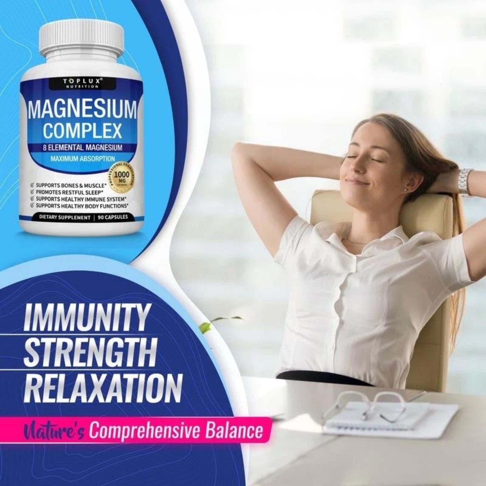Magnesium 1000mg supplement: complex of 8-element magnesium, 90 capsules ,US
