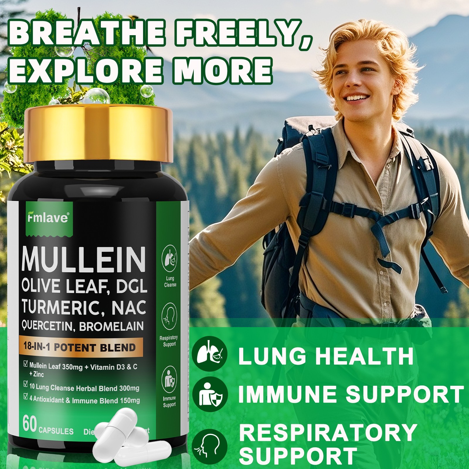 Mullein Leaf Capsules for Lung Cleanse and Detox, Respiratory Health Herbal 60ct