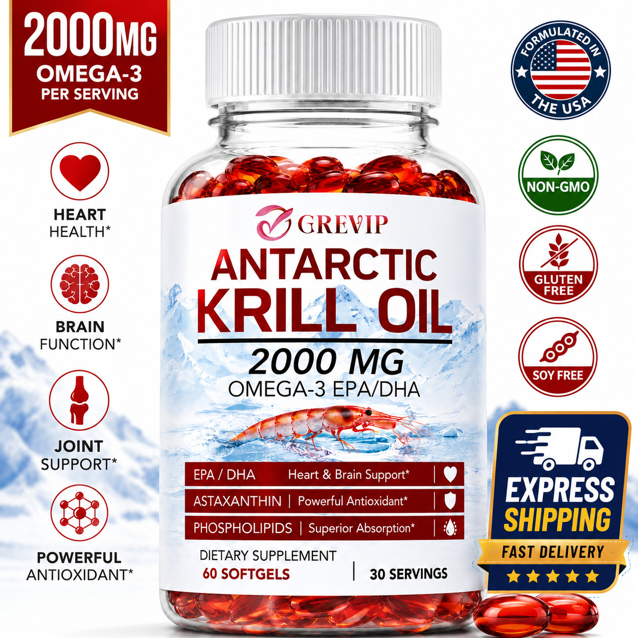 Antarctic Krill Oil 2000mg Omega 3, EPA, DHA, Astaxanthi For Heart, Brain, Joint