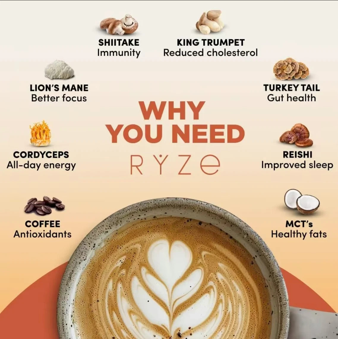 RYZE Mushroom Coffee USDA Organic with 6 Adaptogenic Mushrooms 30 servings New