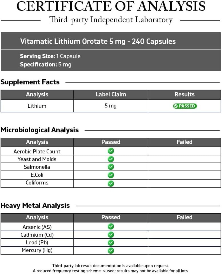 Vitamatic Lithium Orotate 5mg, 240 Veggie Capsules, Non-GMO, Gluten Free!!!