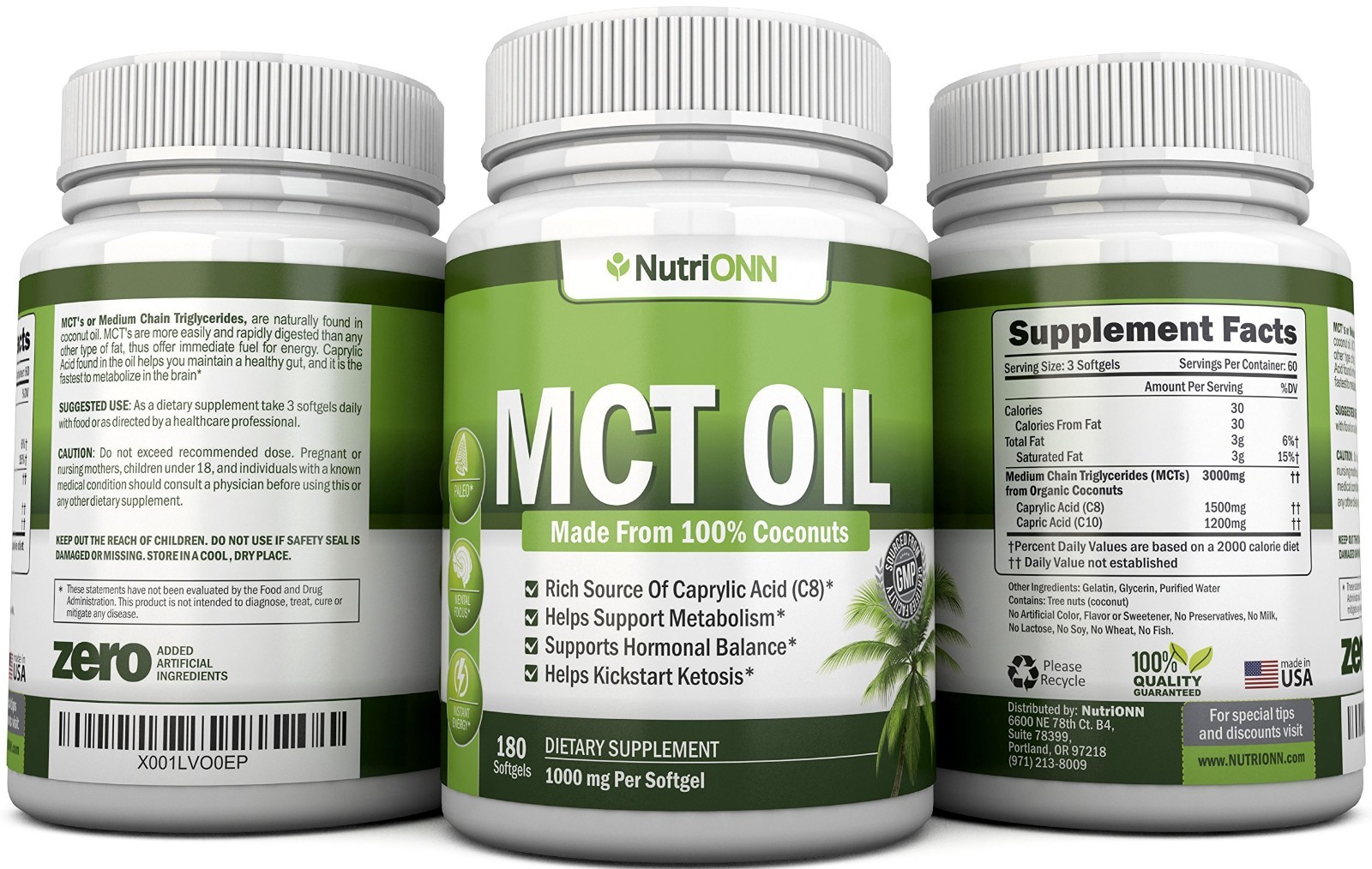MCT Oil 3000mg – 180 Softgels – Organic Coconut, Non-GMO, Cold Pressed, Paleo –