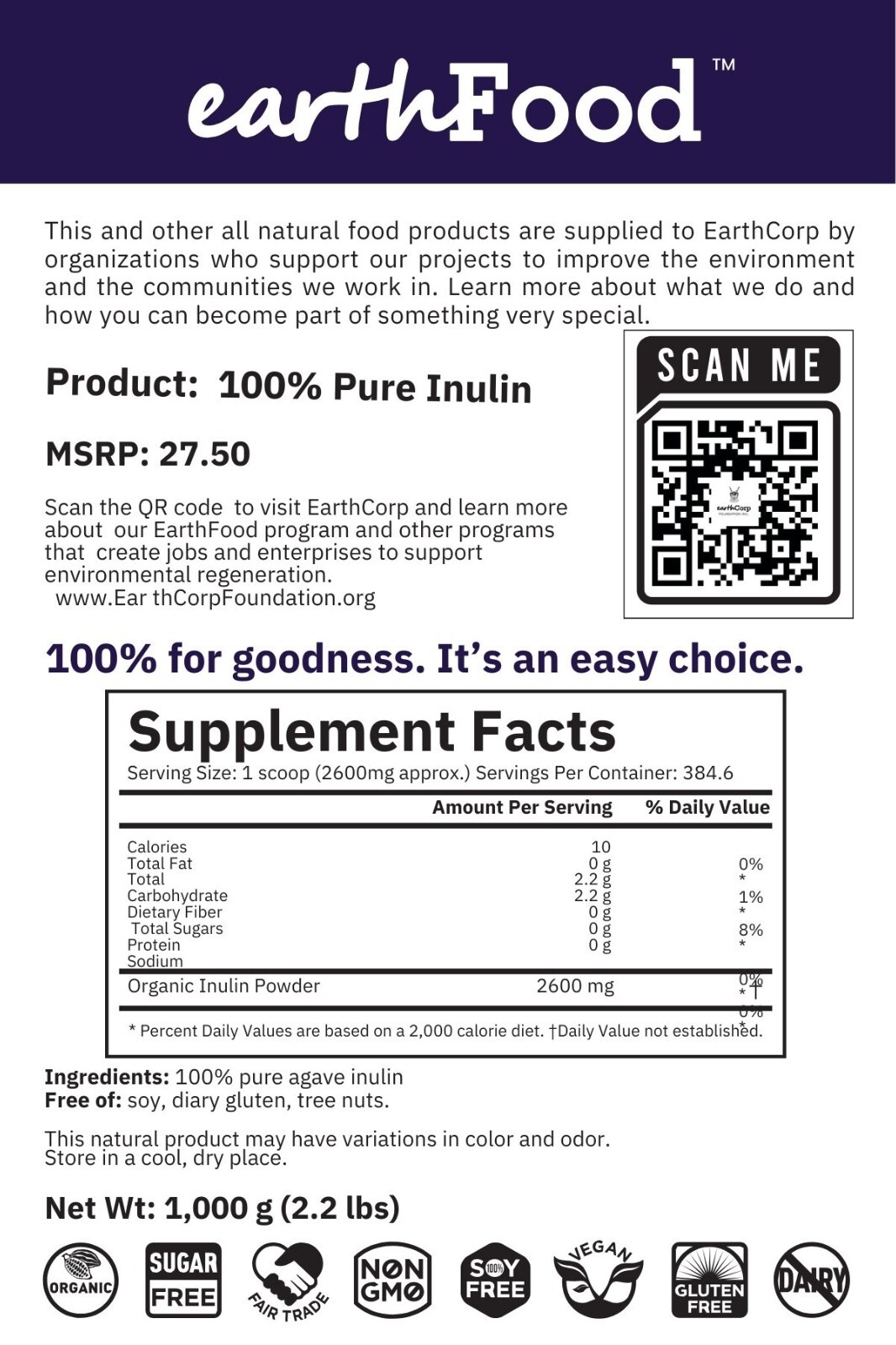 100% PURE INULIN POWDER by EarthFood. 1 KG (2.2 lbs). Full COA, bulk options