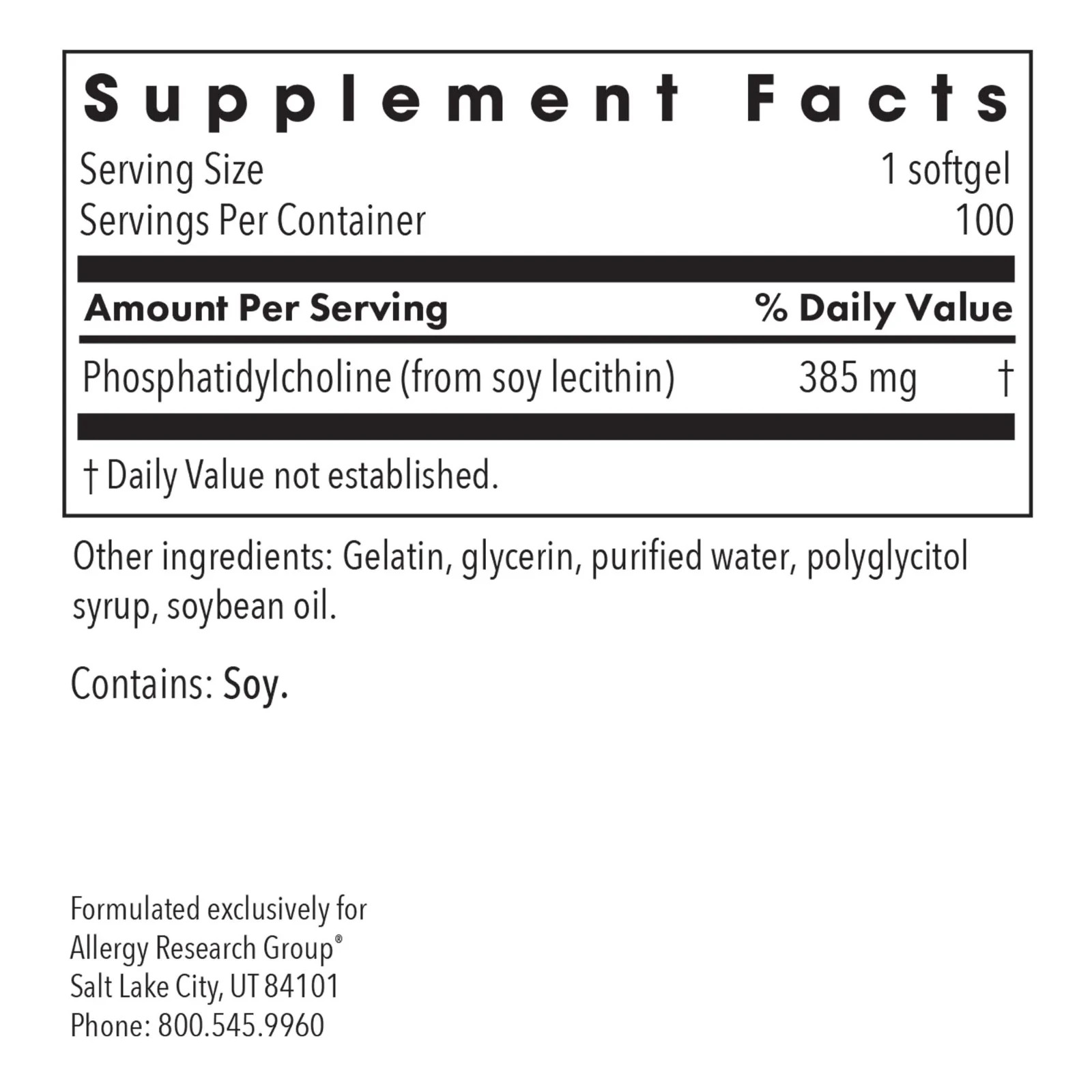 Allergy Research Group Phosphatidyl Choline 100 sofgels