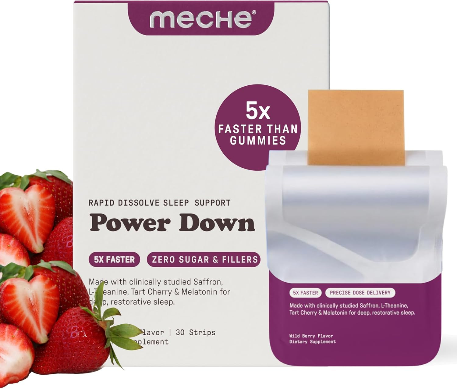 Meche Power Down™ Rapid Dissolve Strips for Sleep – 5Mg Melatonin, L-Theanine, T