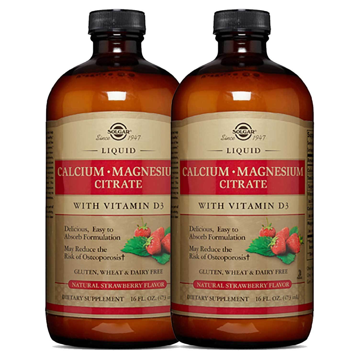 2x Solgar Liquid Calcium Magnesium Citrate Vitamin D3 Natural Strawberry 16oz