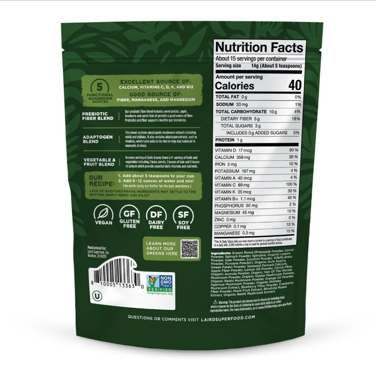 Laird Prebiotic Superfood Daily Greens – Total Size 14.8oz (7.4 oz x 2 )