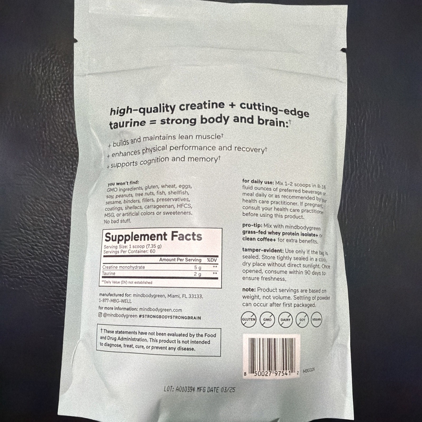 mindbodygreen Creatine+ with Taurine 60 Servings / 15.5oz Powder – Creatine +