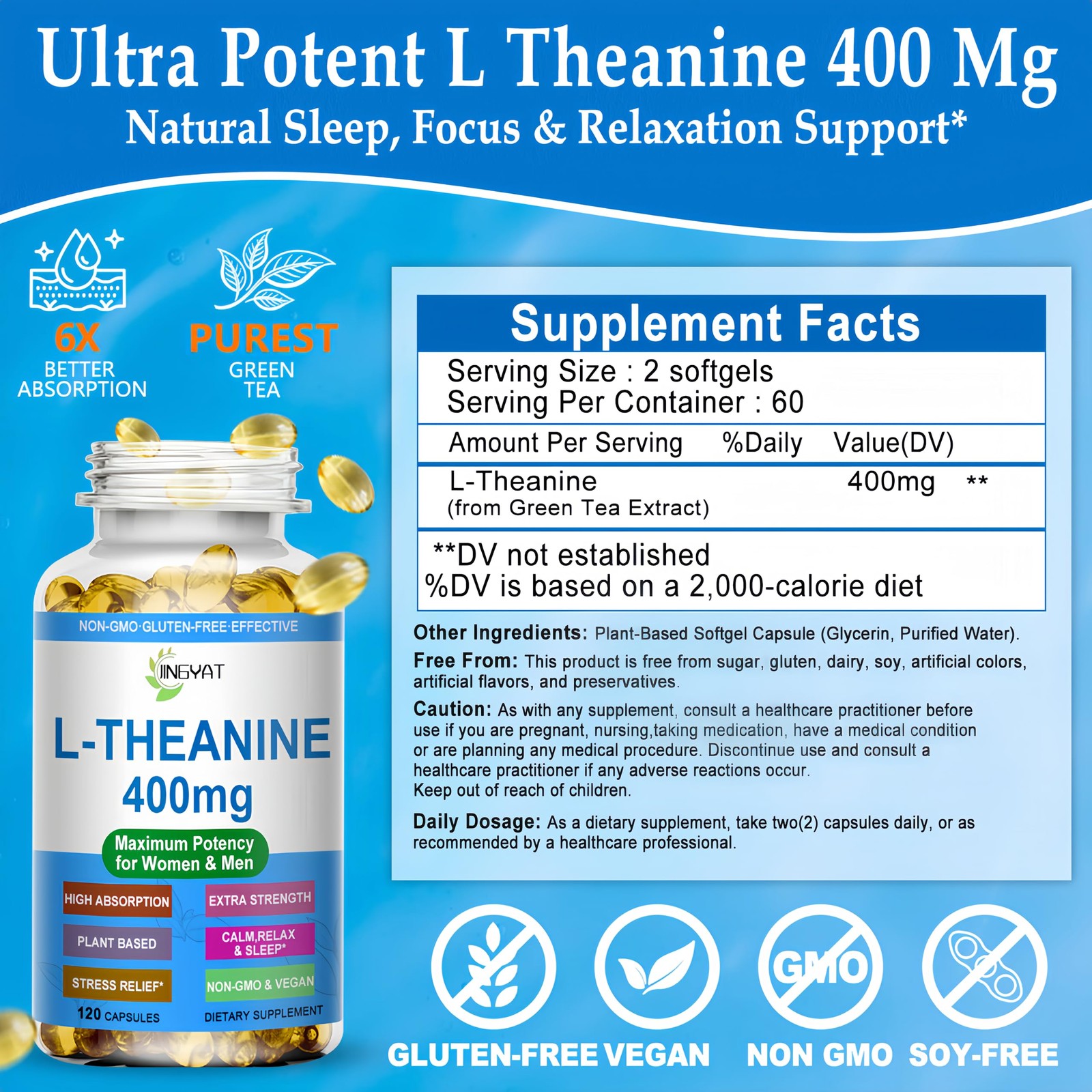 L Theanine 400 mg – Extra Strength L 120 Count (Pack of 1)