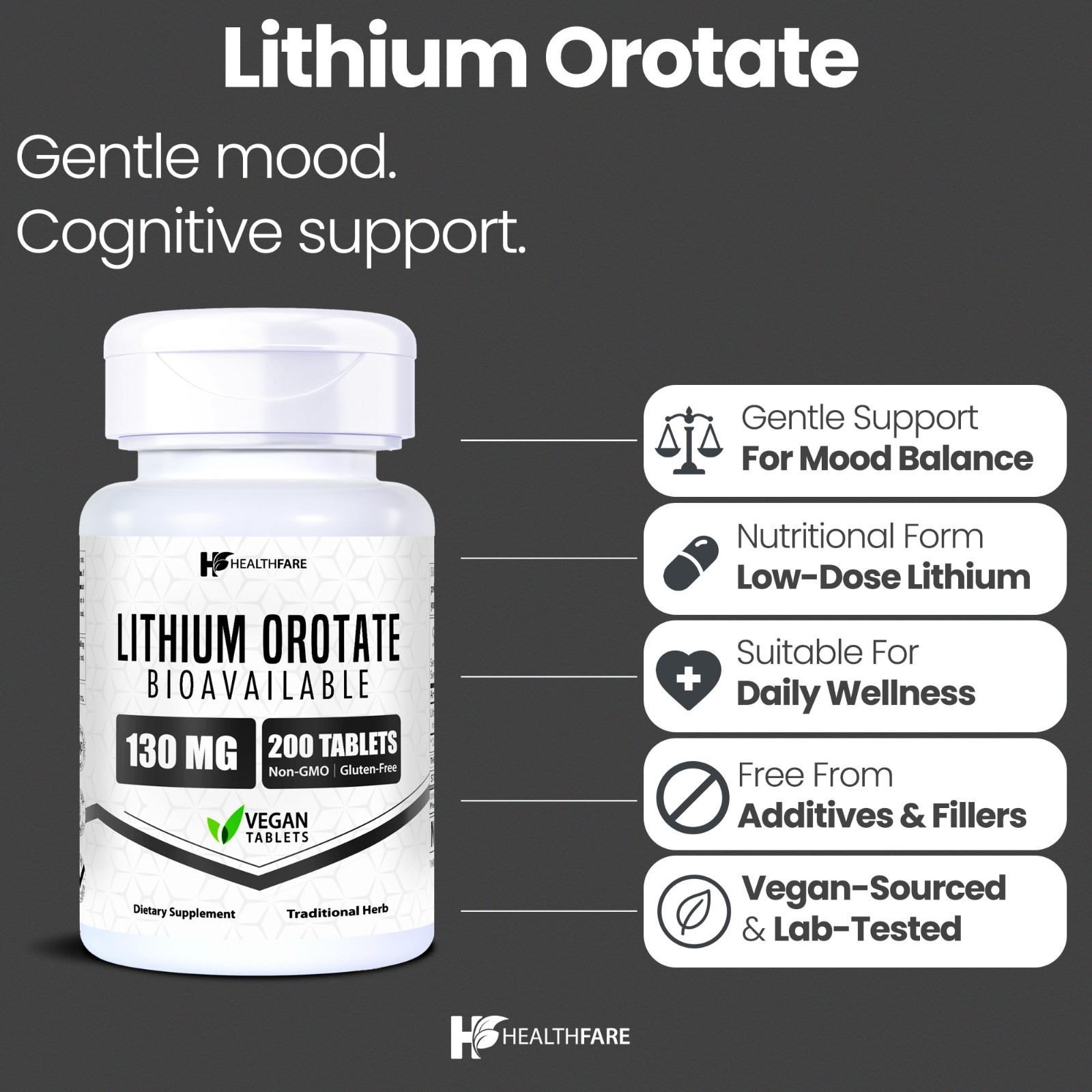HealthFare Lithium Orotate 130mg | 200 Vegan Tablets | High Bioavailability