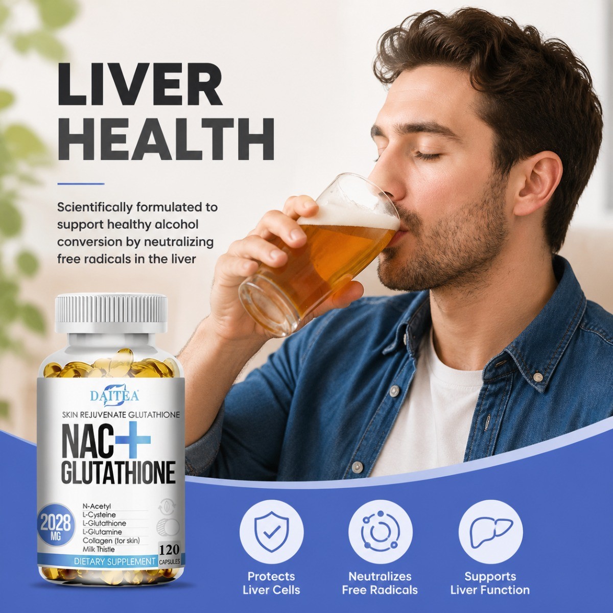 Daitea NAC Plus Glutathione Capsules, Antioxidant Support for Liver & Skin