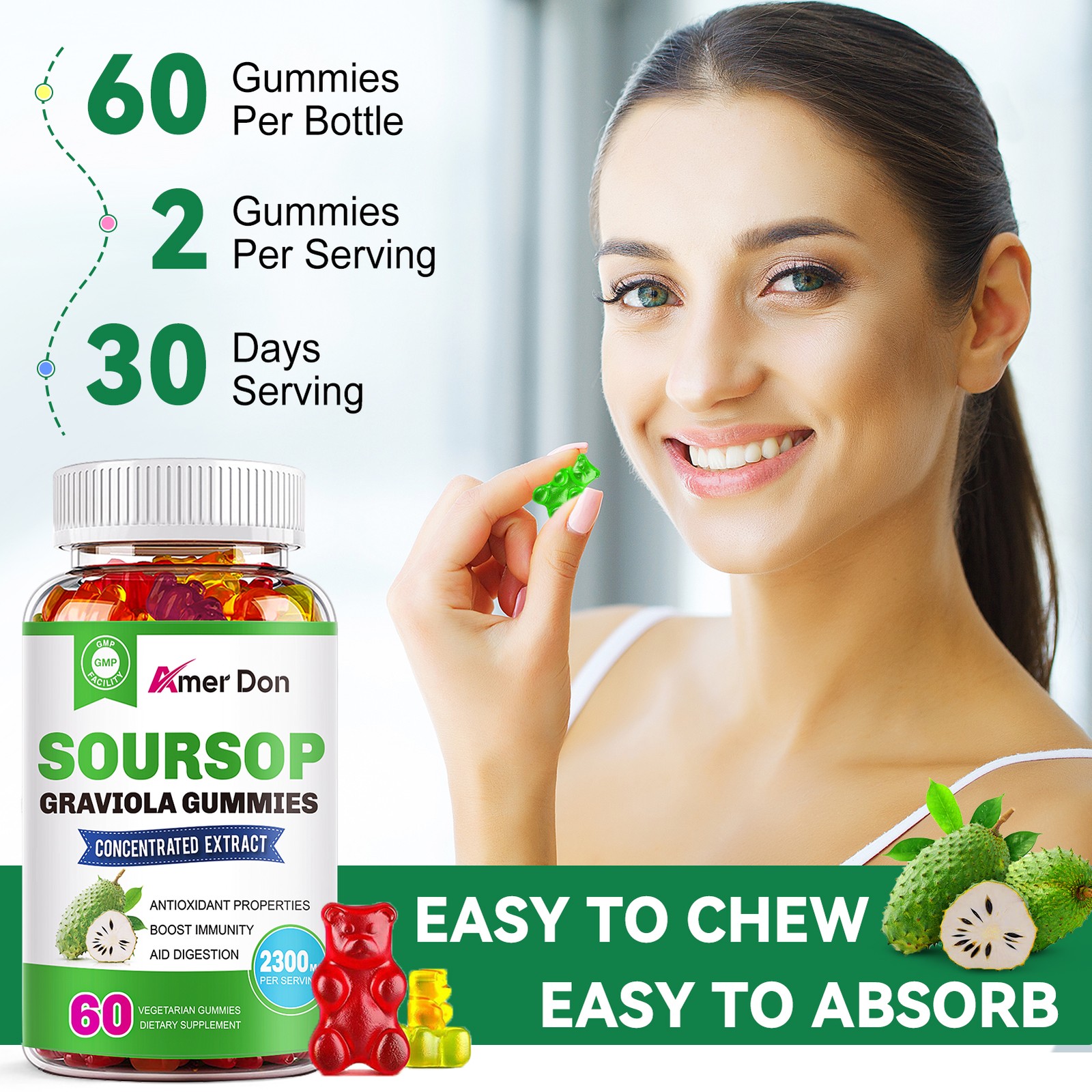 Organic Soursop Graviola 60 Gummies Leaves & Seeds Extract 2300mg Immune Support