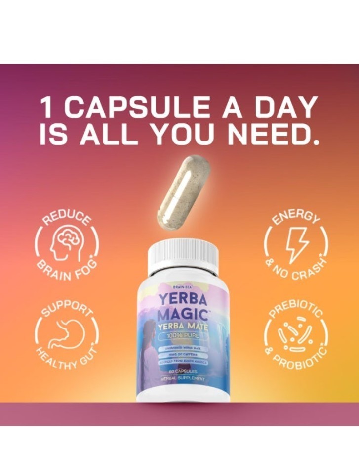 Brainista Yerba Magic: 100% Pure Unsmoked Yerba Mate, 75mg Caffeine, 60 Capsules