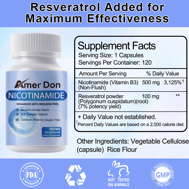 Nicotinamide Resveratrol 500MG, Natural Anti-aging NAD Supplement 120 Capsules