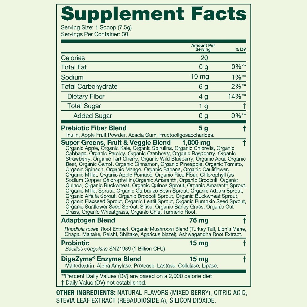 Daily Greens Superfood Digestive Health Supplement, Mixed Berry, 30 Servings,