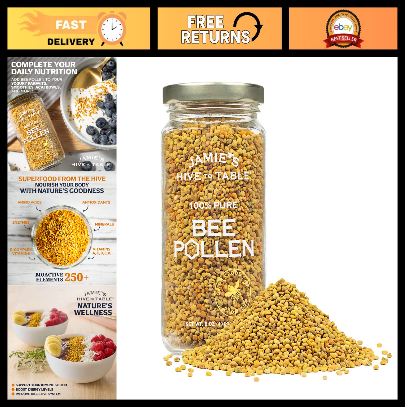 100% Pure Bee Pollen Granules 6 oz – Raw Natural Energy Boost, Immunity Support,