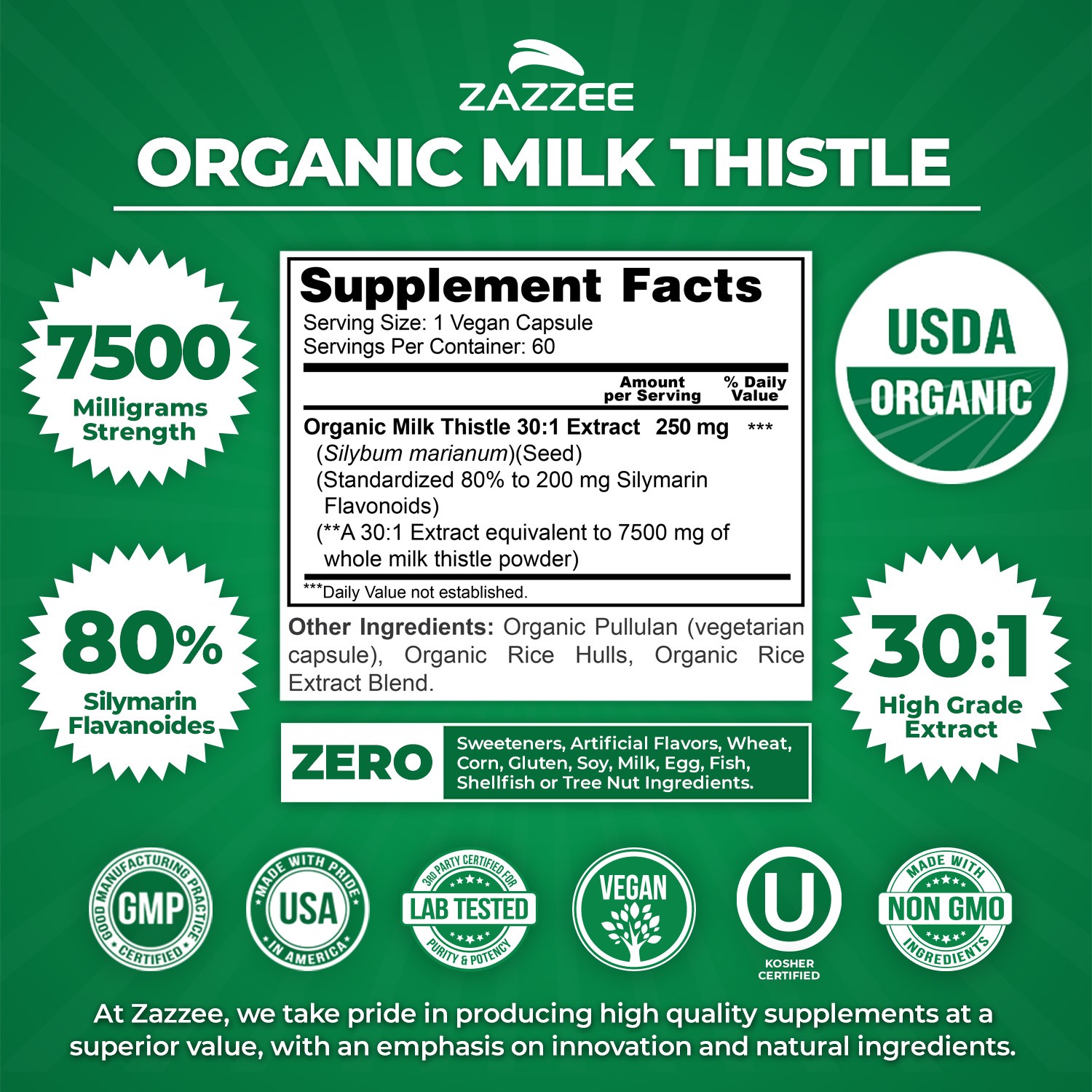 USDA Organic Milk Thistle 30:1 Extract, 7500 mg Strength, 60 Vegan Capsules
