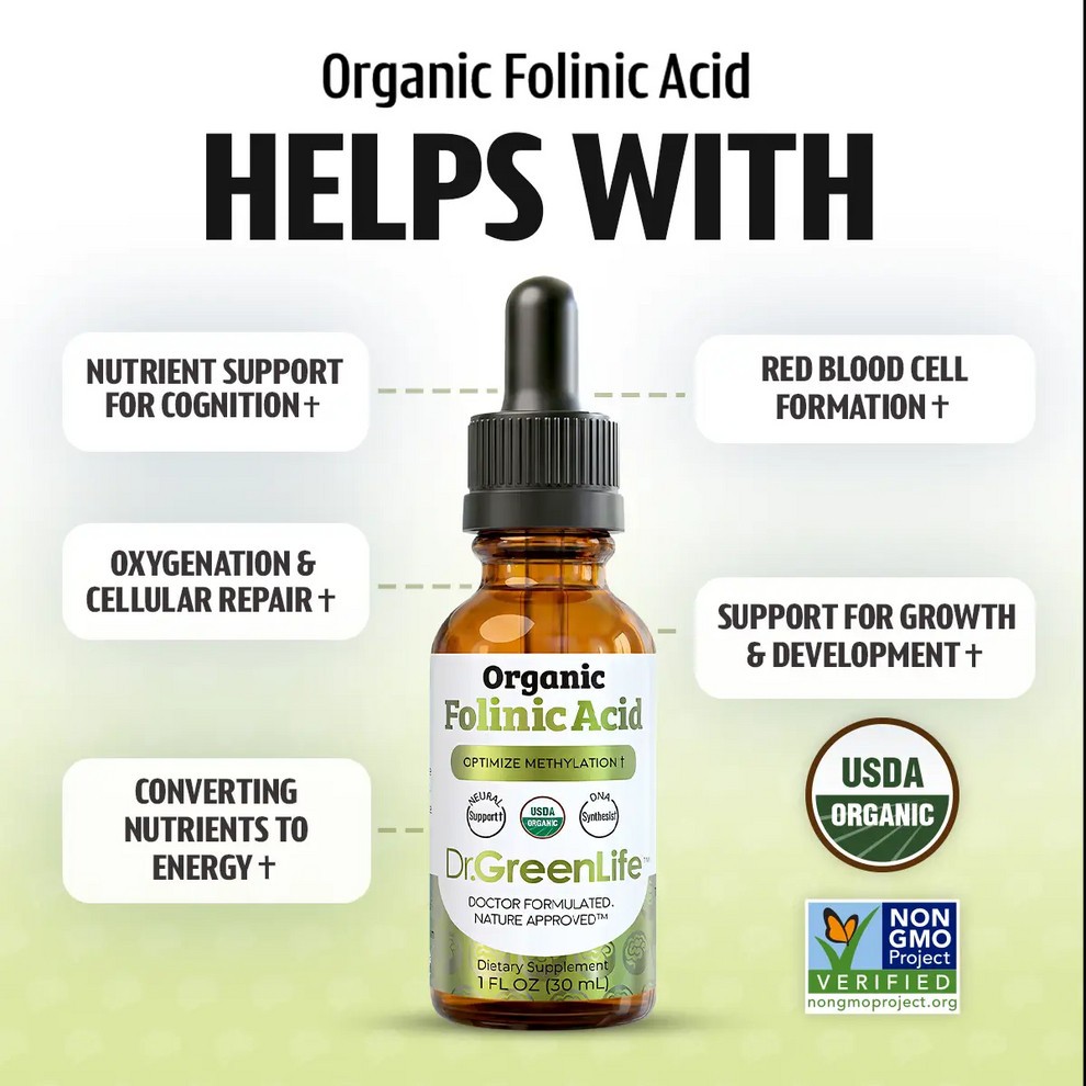 Dr GreenLife USDA Organic Folinic Acid – MTHFR-Friendly Folate 1 FL Oz / 30ml