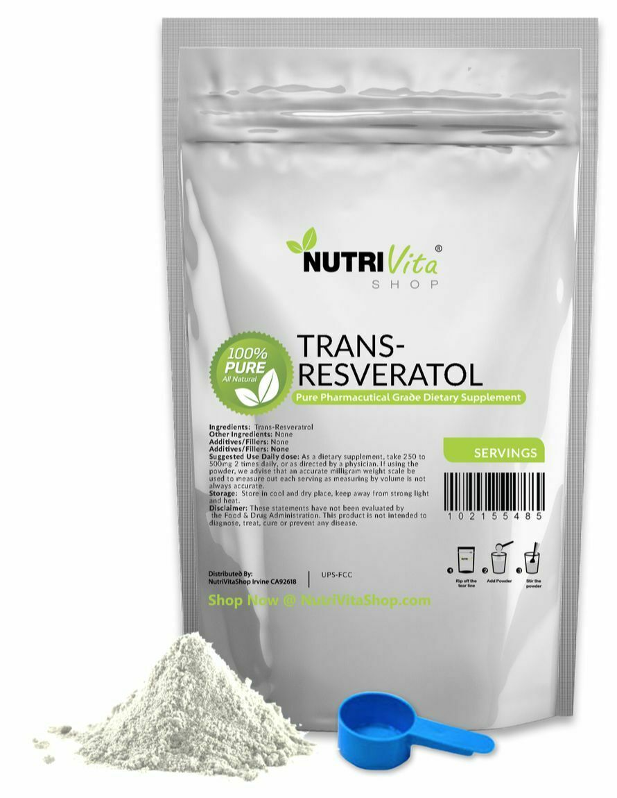 100% PURE Trans Resveratrol Anti-Aging Powder NONGMO ORGANIC USA KOSHER