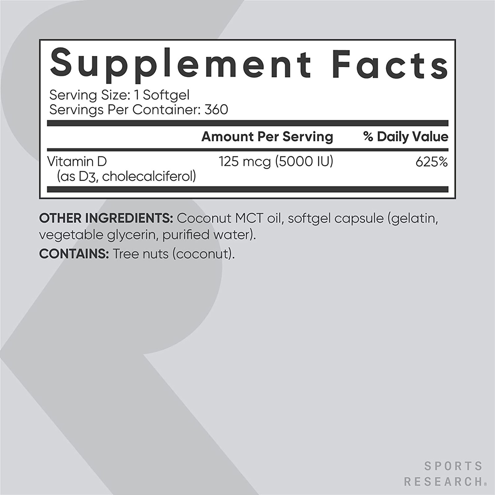Sports Research Vitamin D3 With Coconut MCT Oil – l000iu – 360 Softgels