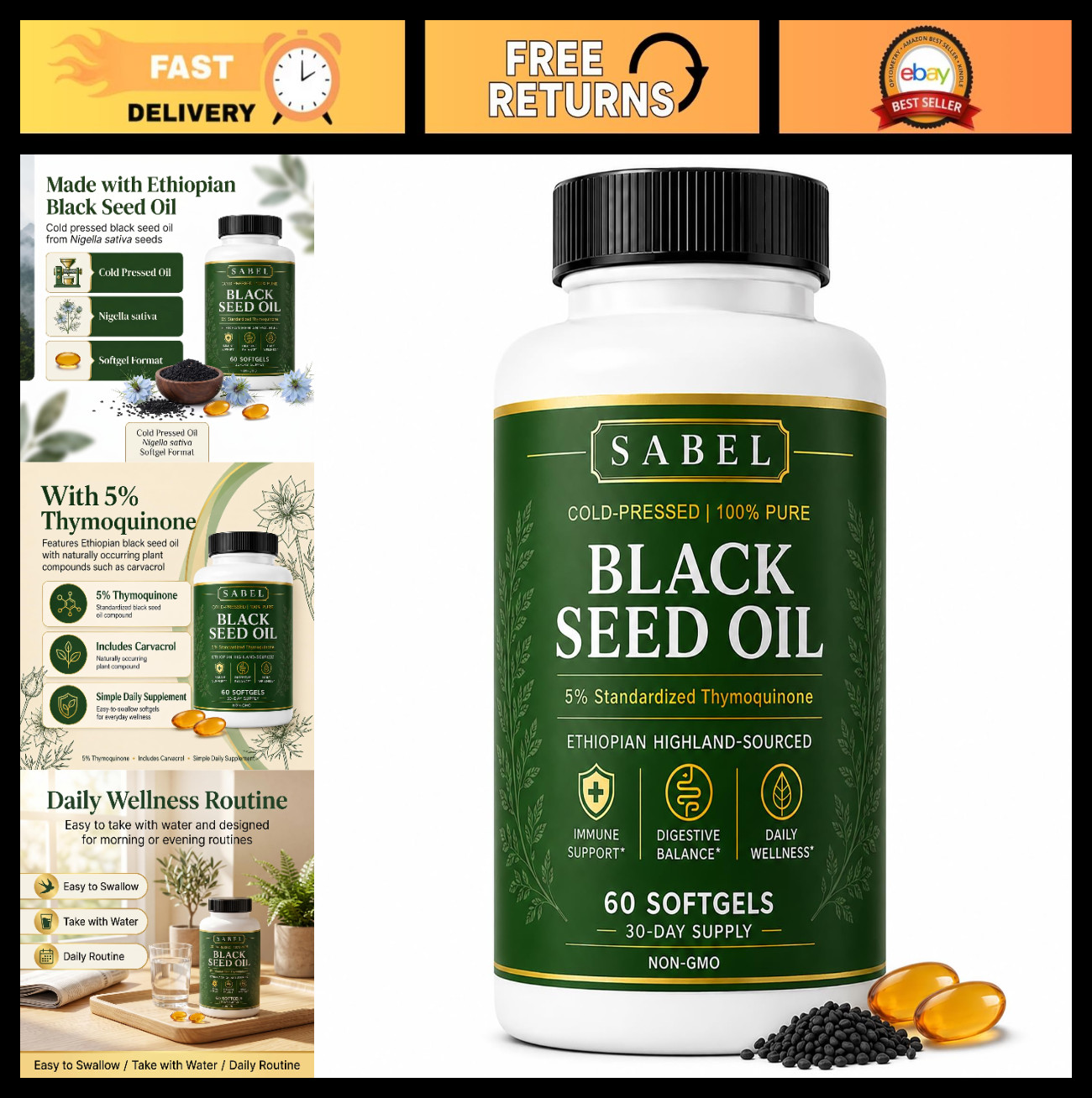 Ethiopian Black Seed Oil Softgels – Cold Pressed, Non-GMO, Gluten-Free, 60 Count