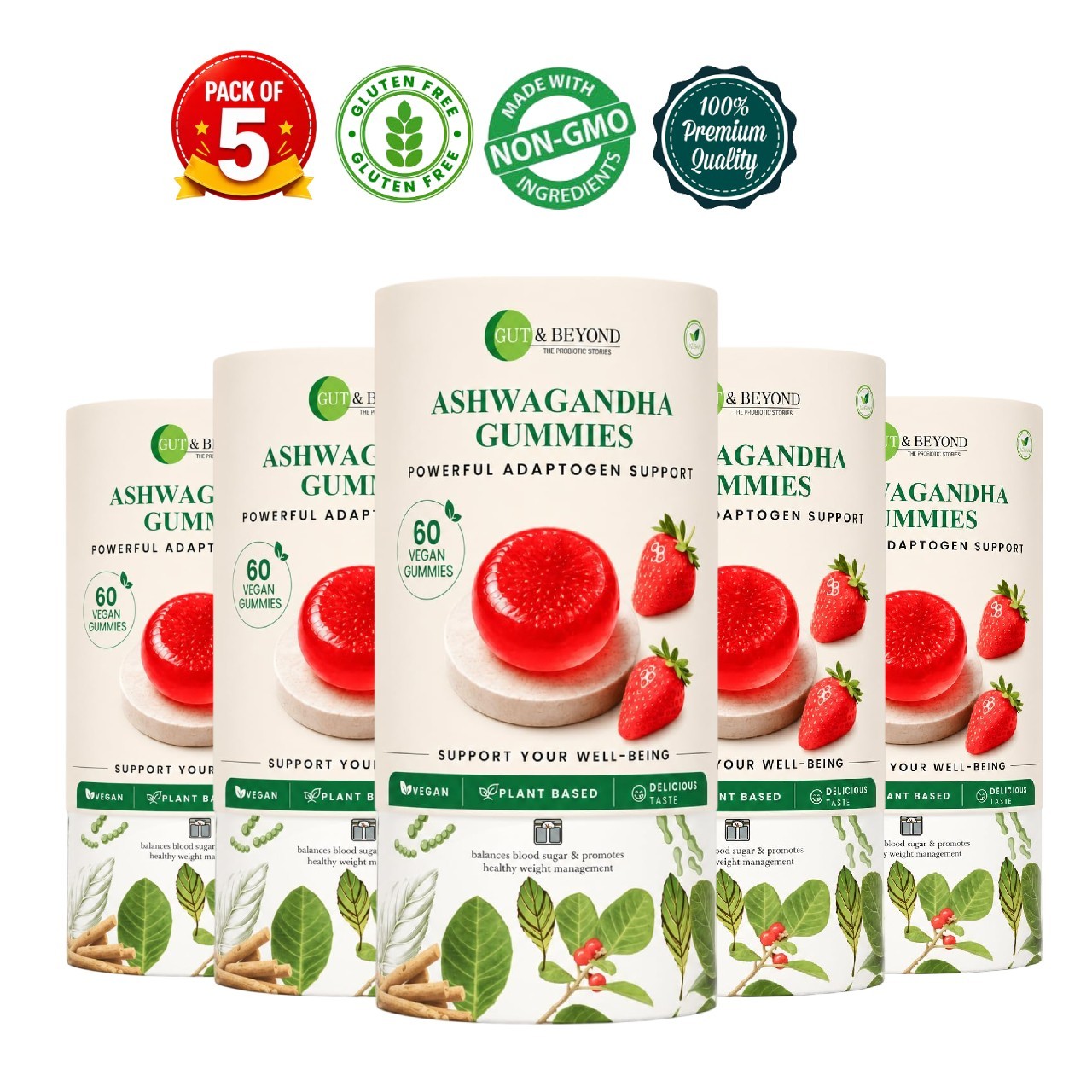 Gut & Bey.ond Ashwagandha Gummies 60 Pack of 5 Strawberry