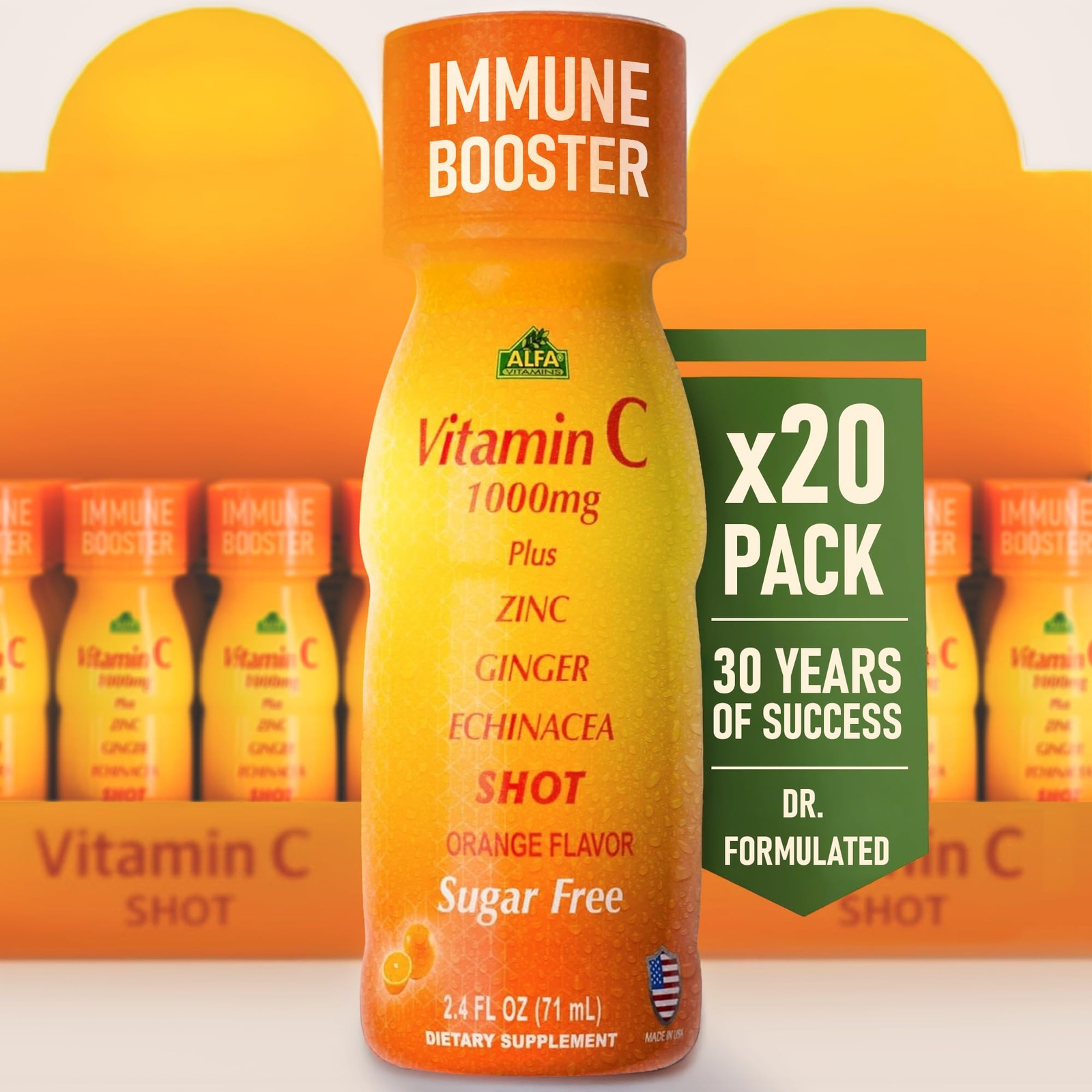 Vitamin C Shot 1000mg with Zinc, Ginger & Echinacea – 2.4 FL Oz Bottle – 20 Pack