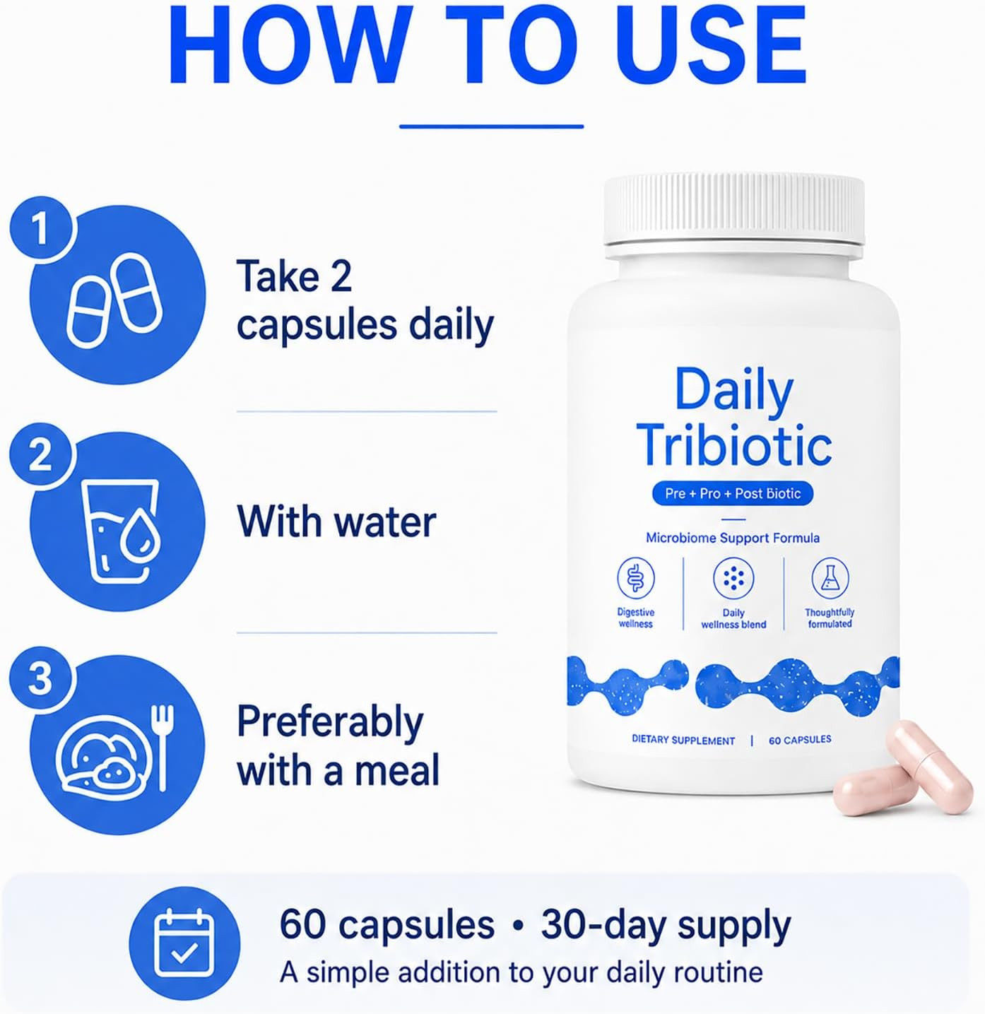 Daily Tribiotic Capsules, Probiotic, Prebiotic & Postbiotic Blend, 60 Count
