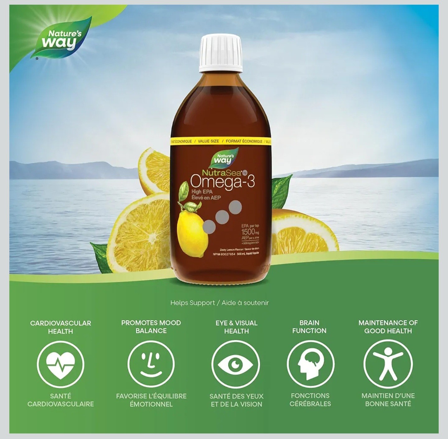NutraSea HP Omega-3 High EPA 1500mg Lemon Fish Oil Liquid 500ml Nature’s Way