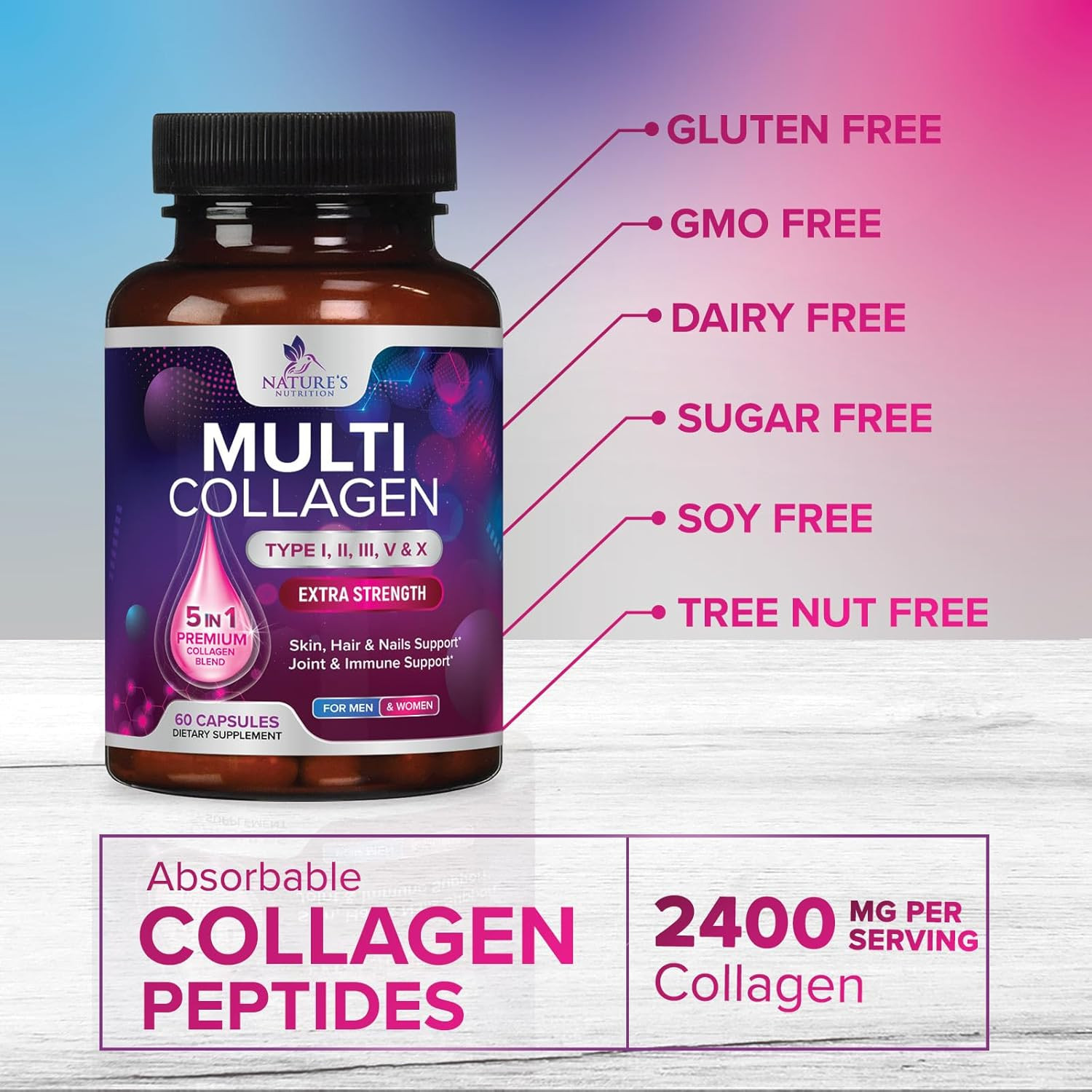 Multi Collagen Complex Pills – Hydrolyzed Collagen Peptides Capsules for Women &
