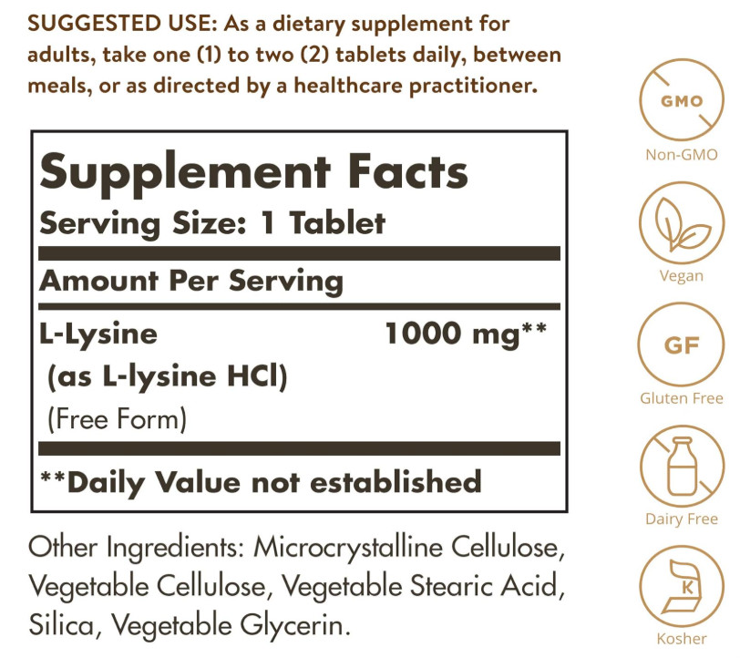 Solgar L-Lysine 1000mg – Skin & Tissue Support 100 Tablets – EXP 08/26