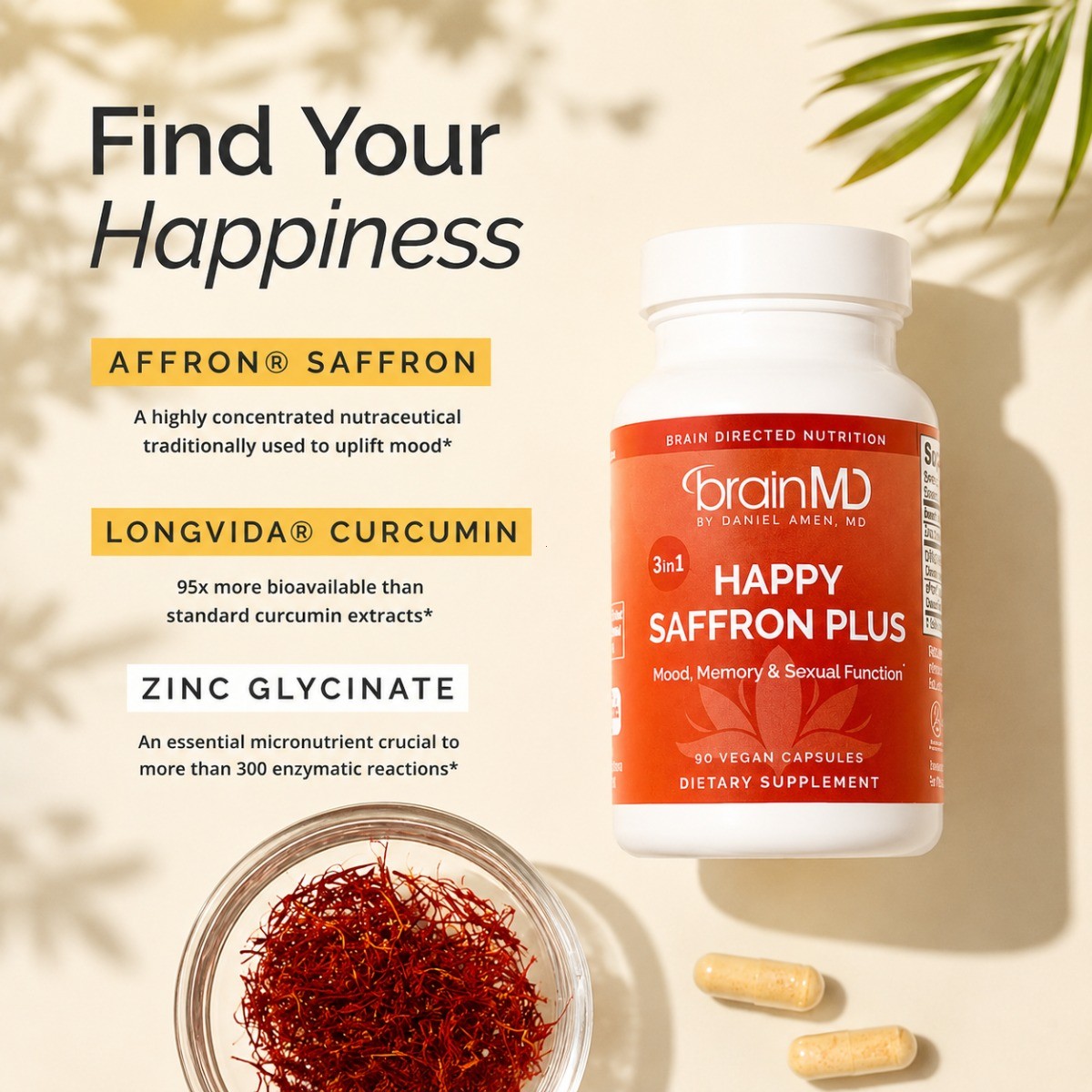 BrainMD Happy Saffron Plus | Mood, Memory & Stress Support, 90 Vegan Capsules