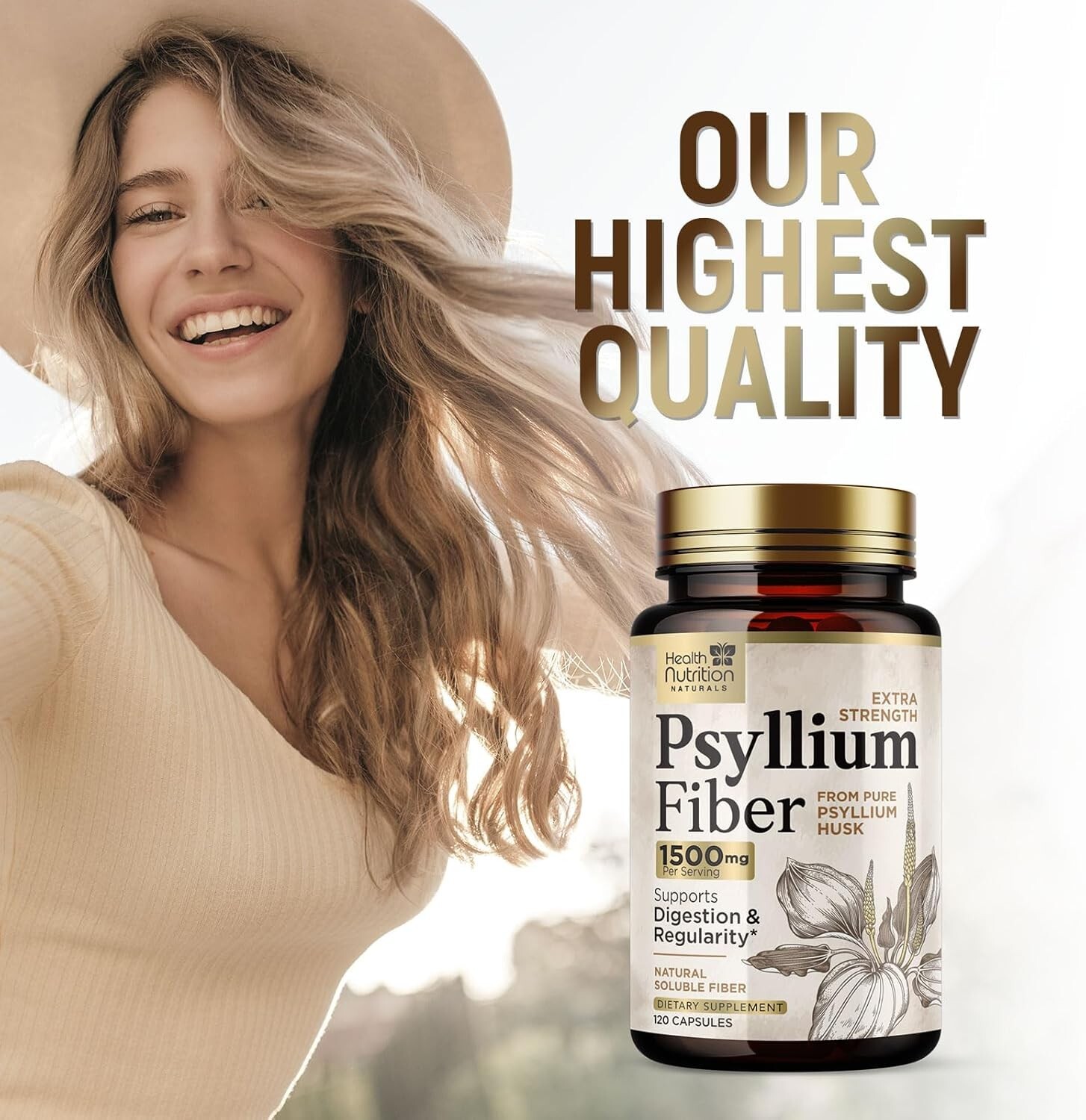 High Absorption Psyllium Husk Capsules 1500mg Daily Fiber Supplement, Psyllium