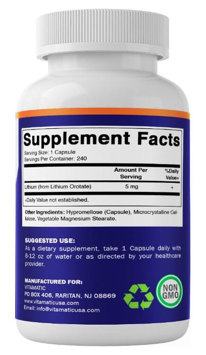 Vitamatic Lithium Orotate 5mg, 240 Veggie Capsules, Non-GMO, Gluten Free.