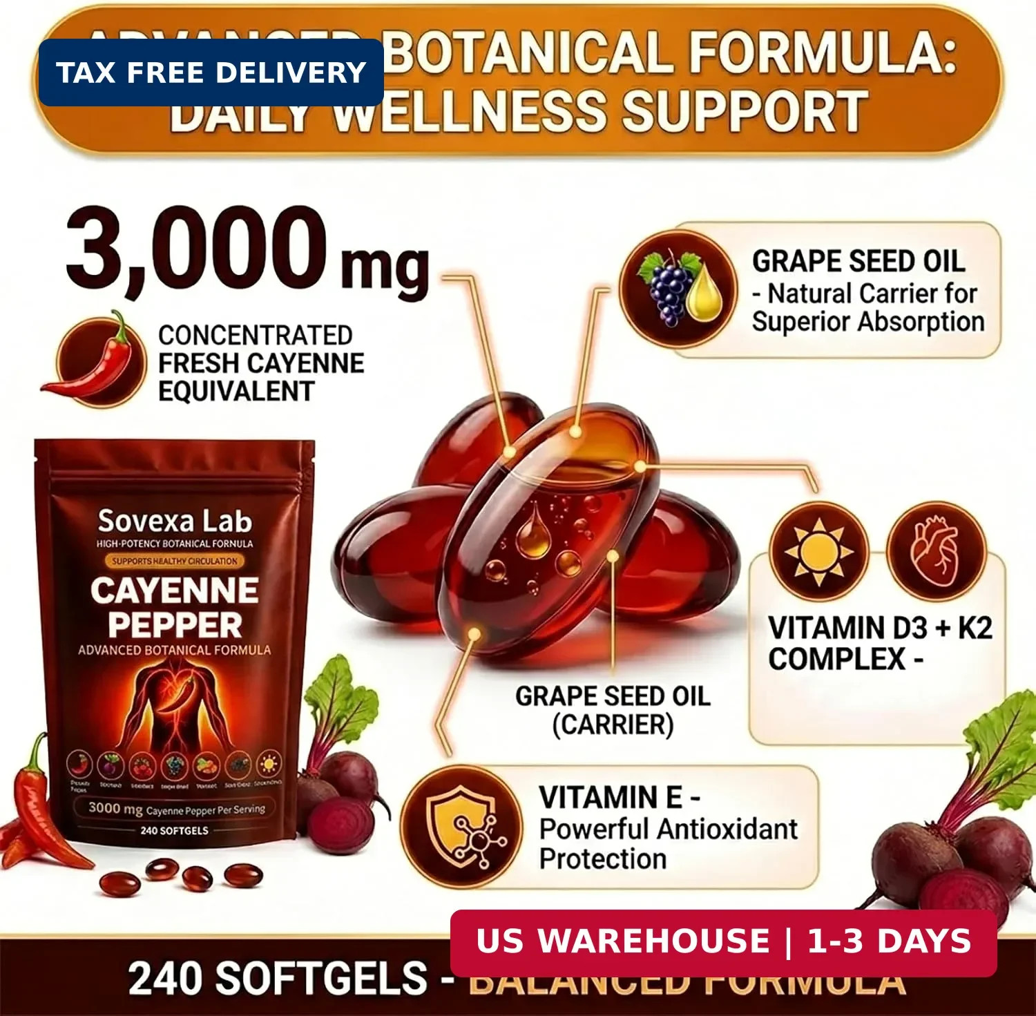Cayenne Pepper Softgels Supplement for Energy & Cardiovascular Wellness, Active