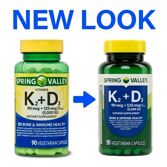 Spring Valley Vitamin K2 90 Mcg + D3 125 Mcg Vegetarian Capsules, 90 Count