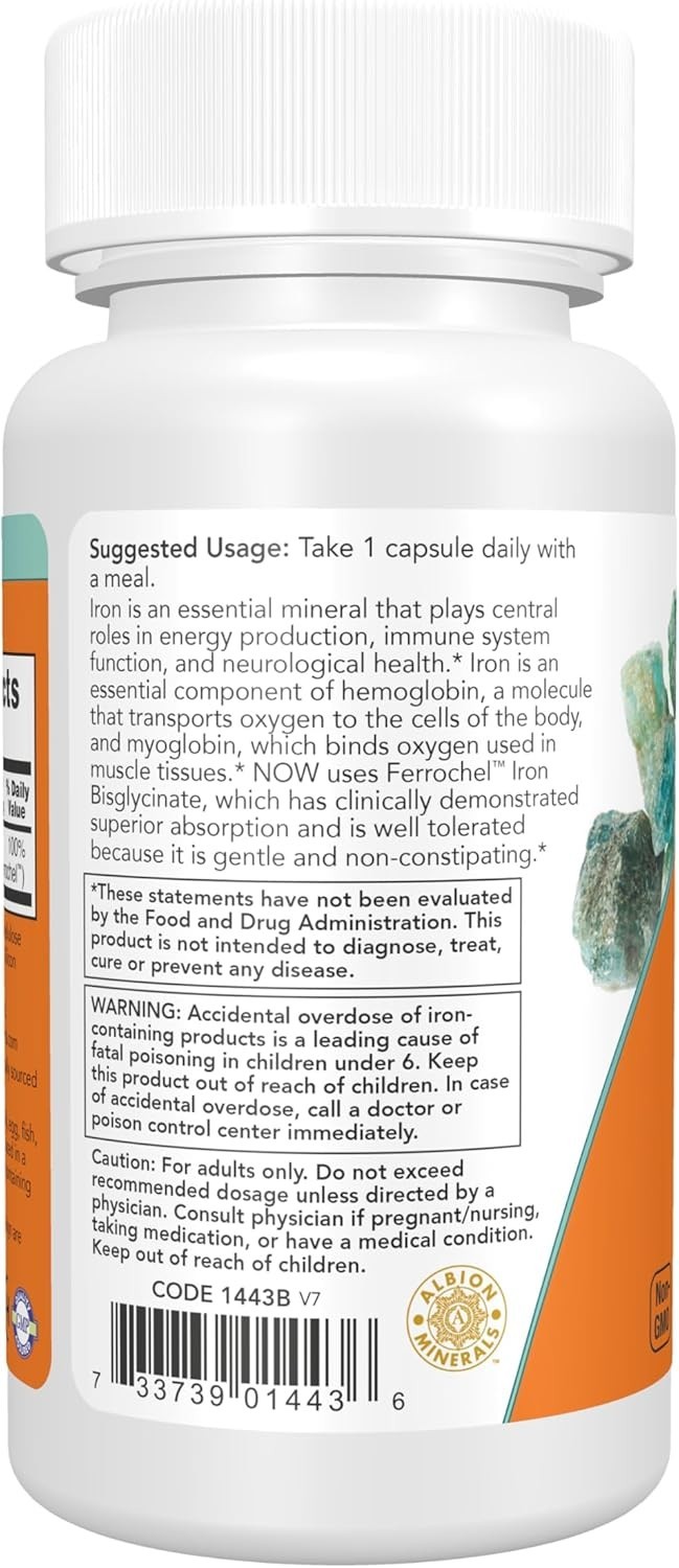 NOW Foods Iron 18mg 120 Veg Capsules Non-Constipating Essential Mineral