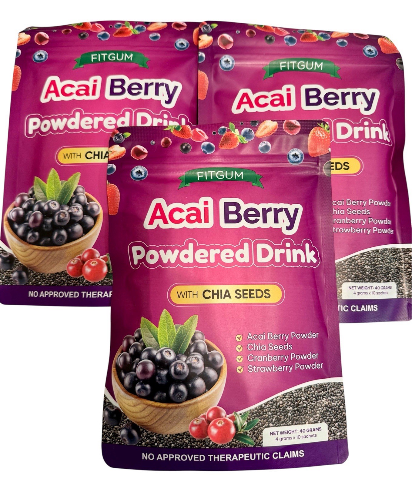3 Packs FITGUM Acai Berry Drink Powder w/ Chia & Collagen – 30 Sachets