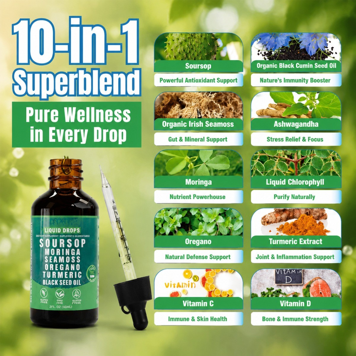 Soursop Pure Liquid Drops 10-in-1 Herbal Blend Immune Wellness Support