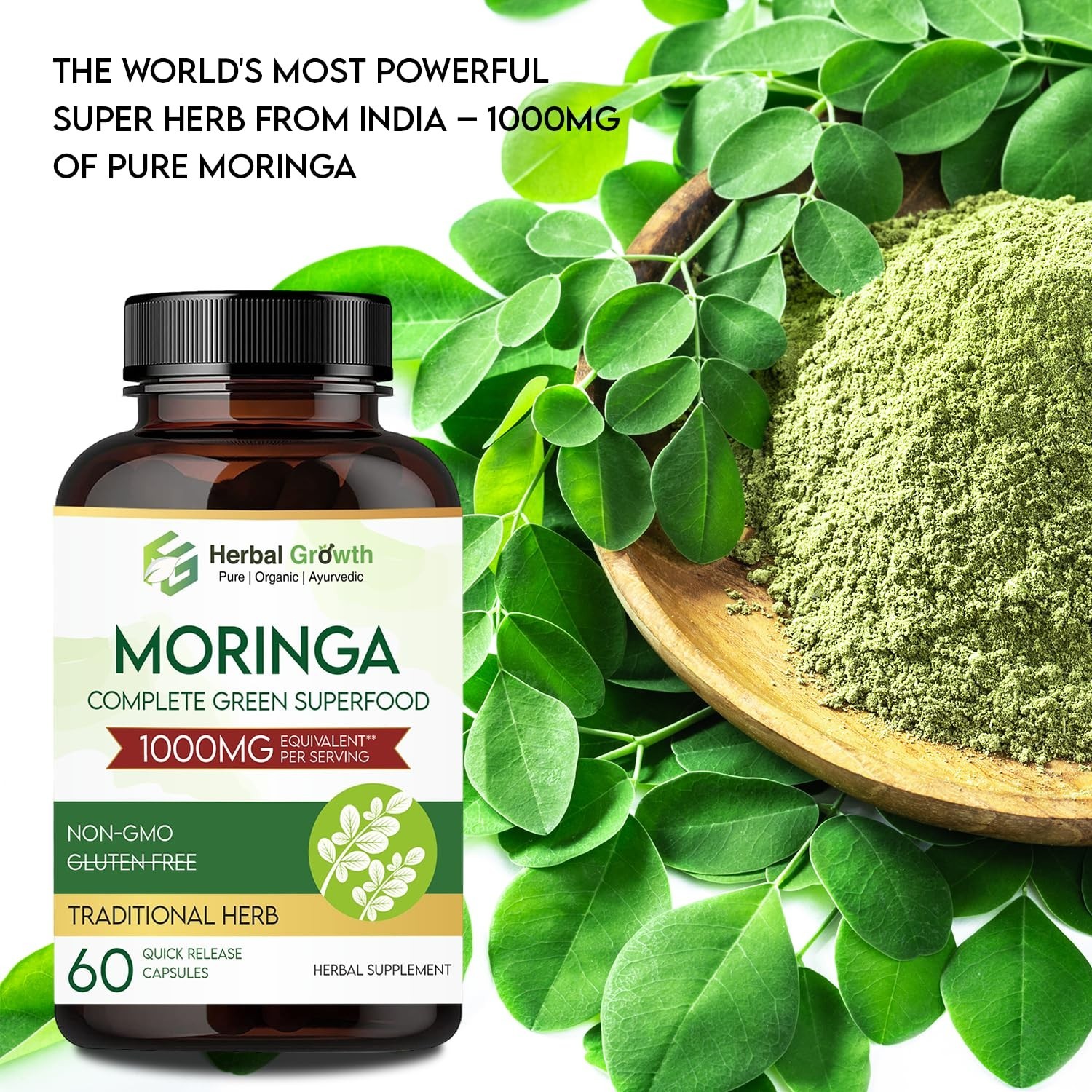 HERBAL.GROWTH Moringa 1000mg Capsules 60 Count Pack of 3