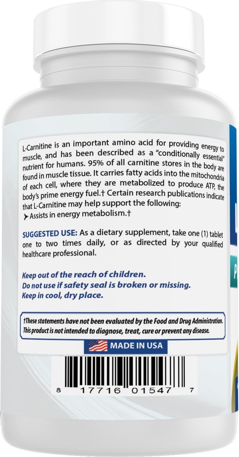 60 Count L-Carnitine 1000mg – GMO-Free, Lactose-Free Energy Management Tablets