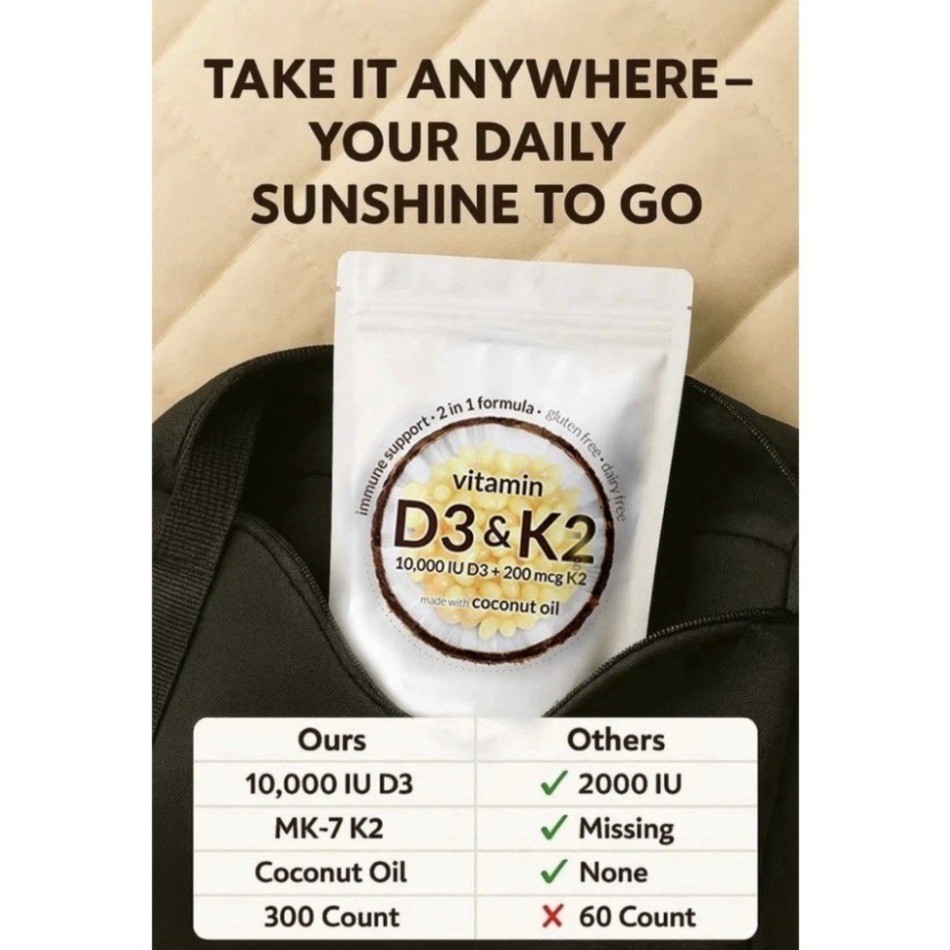 Vitamin D3 10000 IU K2 MK-7 200mcg Virgin Coconut Oil Softgels