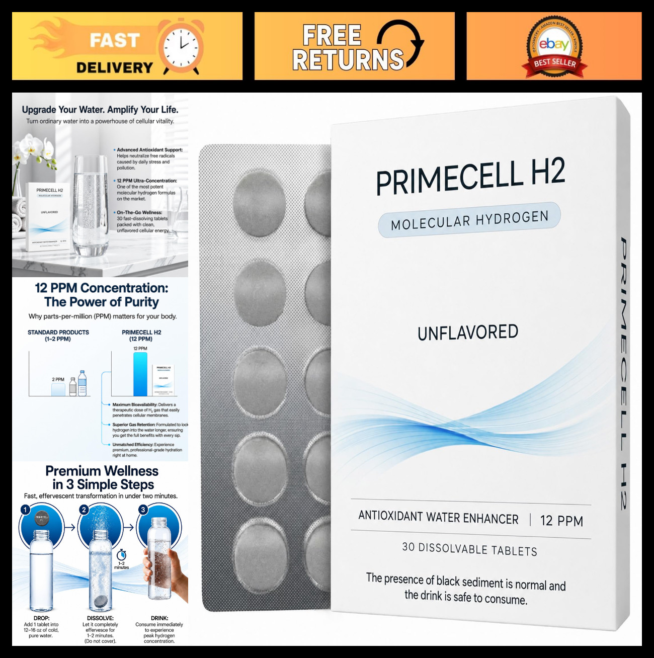 Molecular Hydrogen Tablets – 12 PPM for Drinking Water, Antioxidant & Health Sup