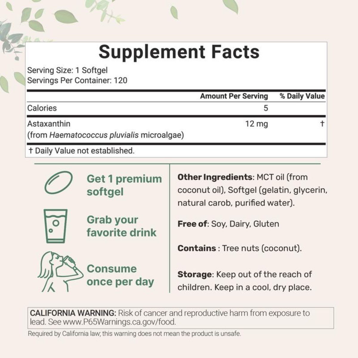 12mg Micro Ingredients Astaxanthin, Natural Tanning Support, 4 Month Supply NEW