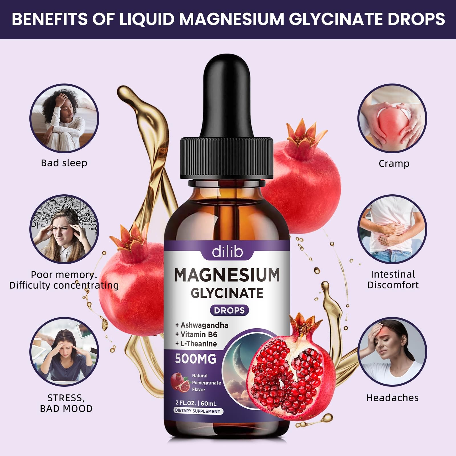 Magnesium Glycinate Liquid Drops 500mg, with Vitamin B6, 2 Fl Oz (Pack of 1)