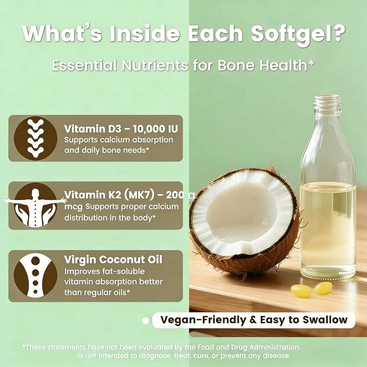 3PCS VEV D3 K2 10000 IU Softgels with Coconut Oil, 2-in-1 Vitamin Support 300 Ct