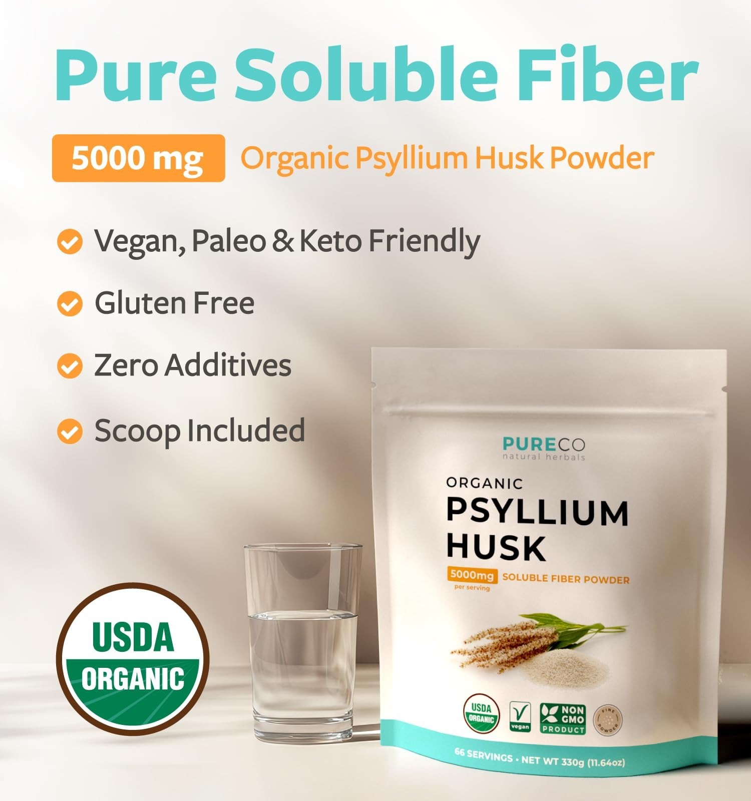 Organic Psyllium Husk Powder – Vegan Gluten Free Fiber for Baking & Smoothies –