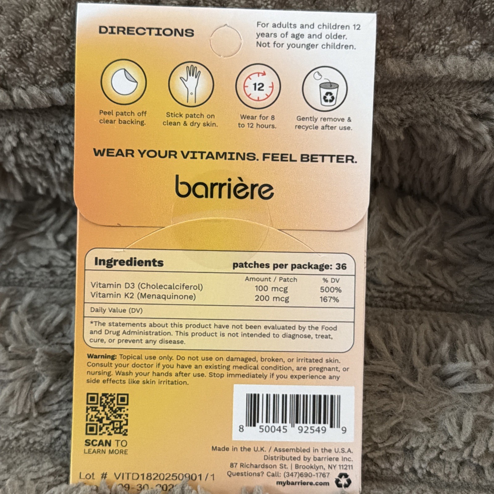 (2) BARRIERE Hello Sunshine clean Vitamin D3 & K2 Patches 36 CT Each – Exp 09/28