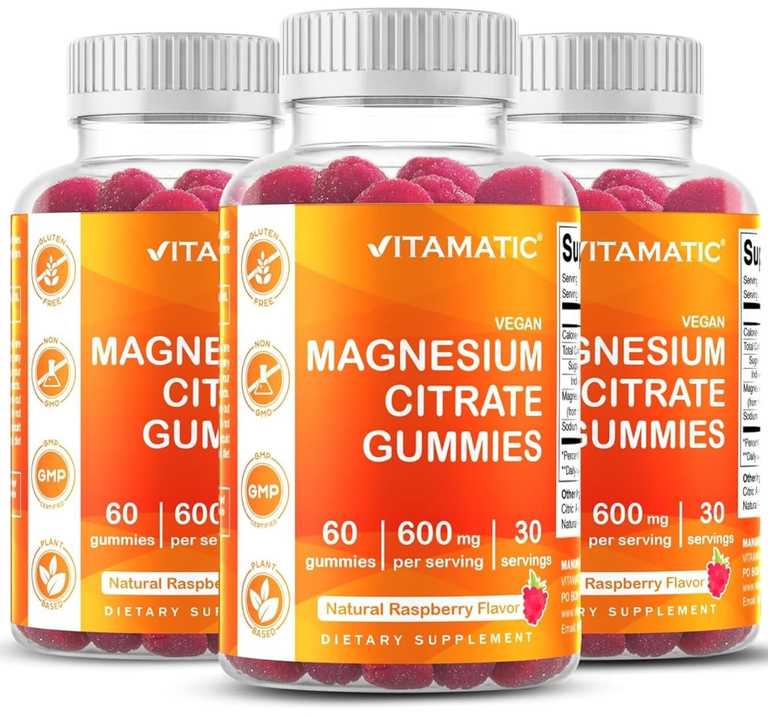 Vitamatic Magnesium Gummies 600mg per Serving – 60 Vegan 60 Count (Pack of 3)